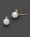 Cultured freshwater pearls and diamond stud earrings in 14K yellow gold.