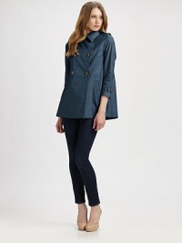 A fantastic A-line design offering timeless appeal, modern three-quarter sleeves and clever stitching. Round neckEpaulettesBuckle detail on three-quarter sleevesButton frontSlash pocketsAbout 28 from shoulder to hemFully lined77% cotton/23% polyurethaneDry cleanImported A fantastic A-line design offering timeless appeal, modern three-quarter sleeves and clever stitching. Round neckEpaulettesBuckle detail on three-quarter sleevesButton frontSlash pocketsAbout 28 from shoulder to hemFully lined77% cotton/23% polyurethaneDry cleanImported
