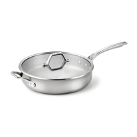 With a copper core layered between aluminum and finished with magnetic stainless steel exterior, this 5-quart sauté pan with lid is designed for the modern at-home chef. With a copper core layered between aluminum and finished with magnetic stainless steel exterior, this 5-quart sauté pan with lid is designed for the modern at-home chef.