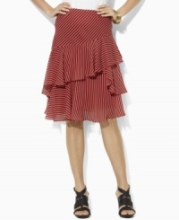 Crafted in crinkled silk georgette, Lauren by Ralph Lauren's tiered ruffle skirt adds a flirty element to any wardrobe. Crafted in crinkled silk georgette, Lauren by Ralph Lauren's tiered ruffle skirt adds a flirty element to any wardrobe.