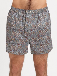 A rich, paisley print is shaped in lightweight, breathable cotton for the true gentleman who indulges in style.Elastic waistbandAdjustable button-flyInseam, about 4CottonMachine washImported A rich, paisley print is shaped in lightweight, breathable cotton for the true gentleman who indulges in style.Elastic waistbandAdjustable button-flyInseam, about 4CottonMachine washImported