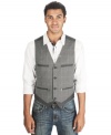 This pinstripe and plaid vest by Marc Ecko Cut & Sew upgrades your casual look to cool dapper style.