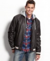 Sporty meets sleek with this stylish hooded faux leather jacket by American Rag.