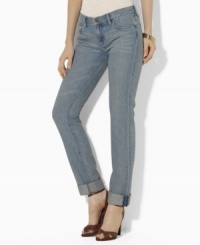 Distinguished by a sleek silhouette with a skinny leg, Lauren Jeans Co.'s essential jean in soft, washed denim is finished with allover fading and a chic cuffed hem. Distinguished by a sleek silhouette with a skinny leg, Lauren Jeans Co.'s essential jean in soft, washed denim is finished with allover fading and a chic cuffed hem.