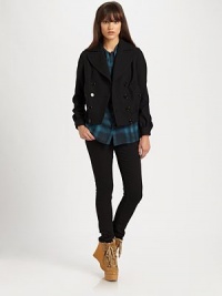 Cropped and chic, this jacket is a modern take on a beloved style.Notched collarLong sleevesButton detail at cuffButton frontButton detail on pocketsButton-tab details at waistBack yokeFully linedAbout 20 from shoulder to hem54% polyester/42% wool/4% elastaneDry cleanImported Model shown is 5'9½ (176cm) wearing US size 4. Cropped and chic, this jacket is a modern take on a beloved style.Notched collarLong sleevesButton detail at cuffButton frontButton detail on pocketsButton-tab details at waistBack yokeFully linedAbout 20 from shoulder to hem54% polyester/42% wool/4% elastaneDry cleanImported Model shown is 5'9½ (176cm) wearing US size 4.