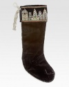 A hand-embroidered New York skyline decorates the cuff of this velvet stocking with textured rope edging, from renowned designer Sudha Pennathur. HandcraftedVelvet with bead embroidery and rayon cord21L; 7½ top openingDry cleanImported