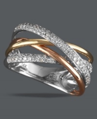Versatile sparkle makes for effortless style. EFFY Collection's stunning crossover ring highlights bands of 14k white gold, 14k gold and 14k rose gold that shines with the addition of round-cut diamonds (3/8 ct. t.w.). Approximate band width: 3/8 inch. Versatile sparkle makes for effortless style. EFFY Collection's stunning crossover ring highlights bands of 14k white gold, 14k gold and 14k rose gold that shines with the addition of round-cut diamonds (3/8 ct. t.w.). Approximate band width: 3/8 inch.