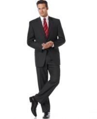 This smartly striped grey suit is handsomely tailored and perfect for the boardroom. Woven high quality wool, it has a fine feel and classic drape. Jacket features a notched lapel, chest welt pocket and front flap pockets. Four-button detail at cuff. Center back vent. Double-reverse pleated pant has quarter-top front pockets for a modern touch. Zip fly with extended-tab closure. Back besom pockets. Unfinished hem. Jacket and pant sold together. This smartly striped grey suit is handsomely tailored and perfect for the boardroom. Woven high quality wool, it has a fine feel and classic drape. Jacket features a notched lapel, chest welt pocket and front flap pockets. Four-button detail at cuff. Center back vent. Double-reverse pleated pant has quarter-top front pockets for a modern touch. Zip fly with extended-tab closure. Back besom pockets. Unfinished hem. Jacket and pant sold together.