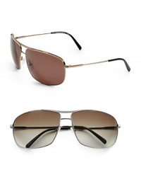 A classic look for any gentleman in lightweight metal with nylon lenses. Available in shiny bronze frames with brown lenses or dark ruthenium frames with polarized smoke lenses. Logo temple detail 100% UVA/UVB protective Made in Italy 