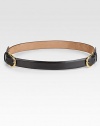 Supple glazed nubuck leather accents the waist with two shiny goldtone brass buckles.Width, about 1Made in the USAOUR FIT MODEL RECOMMENDS ordering one size up as this style runs small. 