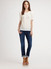 Semi-sheer lace crewneck has three-quarter sleeves and an unexpected, solid knit back. BoatneckModified three-quarter sleevesSolid knit back75% cotton/25% nylonDry cleanMade in USA of imported fabricModel shown is 5'10 (177cm) wearing US size Small. Semi-sheer lace crewneck has three-quarter sleeves and an unexpected, solid knit back. BoatneckModified three-quarter sleevesSolid knit back75% cotton/25% nylonDry cleanMade in USA of imported fabricModel shown is 5'10 (177cm) wearing US size Small.
