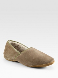 Suede slipper fully lined in genuine sheepskin for a warm, cozy fit.Suede upperSheepskin liningPadded insoleLeather soleMade in EnglandFur origin: Belgium Suede slipper fully lined in genuine sheepskin for a warm, cozy fit.Suede upperSheepskin liningPadded insoleLeather soleMade in EnglandFur origin: Belgium
