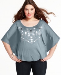Let your spring style shine with ING's butterfly sleeve plus size top, flaunting a studded front. Let your spring style shine with ING's butterfly sleeve plus size top, flaunting a studded front.