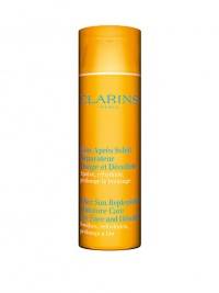 After Sun Replenishing for Face and Décolleté. Replenishing and hydrating moisture care that promotes a longer-lasting illuminated tan while reducing the appearance of wrinkles and fine lines in the face and delicate decollete area. 1.7 oz. 
