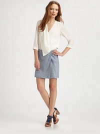 Airy silk chiffon pairs with featherweight linen in this asymmetrical wrap silhouette.V necklineAsymmetrical lapelThree-quarter sleevesSet-in waistFitted skirtWelt pocketsAbout 16 from natural waistTop: silk; skirt: 60% linen/37% cotton/3% elastaneDry cleanImported of Italian fabricModel shown is 5'10 (177cm) wearing US size 4. Airy silk chiffon pairs with featherweight linen in this asymmetrical wrap silhouette.V necklineAsymmetrical lapelThree-quarter sleevesSet-in waistFitted skirtWelt pocketsAbout 16 from natural waistTop: silk; skirt: 60% linen/37% cotton/3% elastaneDry cleanImported of Italian fabricModel shown is 5'10 (177cm) wearing US size 4.