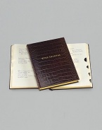 A writing journal for the wine lover, this rich crocodile-embossed Italian calfskin design has 224 lined pages with thumb tabs for France, Italy, USA, Germany, Australia and more. Gilt-edged, acid-free paper Double-faced, satin ribbon marker Smyth-sewn for strength and openability 7 X 9¼ Made in USA