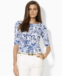 A chic boat neckline infuses the classic cotton petite tee with breezy, relaxed style from Lauren by Ralph Lauren. A chic boat neckline infuses the classic cotton petite tee with breezy, relaxed style from Lauren by Ralph Lauren.