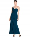 Xscape's petite dress dazzles with a jeweled one-shoulder silhouette and asymmetrical sweetheart neckline. (Clearance)