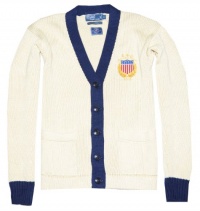 Polo Ralph Lauren Men USA Olympic Team 2012 Logo V-Neck Sweater Cardigan (S, Beige/navy) Polo Ralph Lauren Men USA Olympic Team 2012 Logo V-Neck Sweater Cardigan (S, Beige/navy)