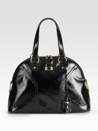 An elegant essential, understated and classic, in shining patent leather with golden hardware accents. Double handles, about 7½ drop Double top zipper closure Inside zipper and cell phone pockets Protective metal feet Fully lined 17W X 11H X 5D Made in Italy An elegant essential, understated and classic, in shining patent leather with golden hardware accents. Double handles, about 7½ drop Double top zipper closure Inside zipper and cell phone pockets Protective metal feet Fully lined 17W X 11H X 5D Made in Italy