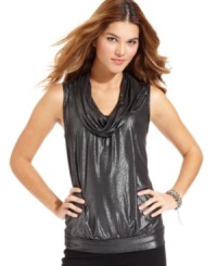 Shine on in August Silk's metallic cowl-neck top. Pair it with skinny pants for a statement-making look day or night! Shine on in August Silk's metallic cowl-neck top. Pair it with skinny pants for a statement-making look day or night!