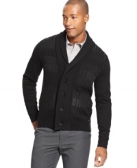 You're suave and you know it. Upgrade your look with this classic styled stripe shawl cardigan by Calvin Klein.