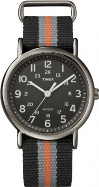 Timex Unisex T2N892 Weekender Slip-Thru Black with Gray and Orange Stripes Nylon Strap Watch