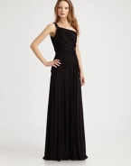 This elegant, asymmetrical silhouette features intricate beading and prettily ruched, draped details.Asymmetrical necklineBeaded shoulder strapBeaded side detailRuched bodice and waistConcealed side zipFully linedAbout 63 from shoulder to hemTriacetateDry cleanImportedModel shown is 5'11 (180cm) wearing US size 4. 