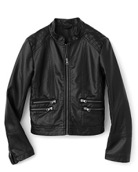 Her first motorcycle jacket, rendered in smooth faux leather, creates a ultra-trim silhouette that looks great with her skinny jeans or leggings. Her first motorcycle jacket, rendered in smooth faux leather, creates a ultra-trim silhouette that looks great with her skinny jeans or leggings.