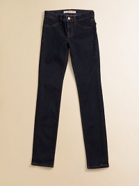 Looks like jeans, fits like leggings, in dark denim with true five-pocket styling. Button and zip front closure Belt loops Front faux pockets; back welt pockets Cotton/elastene; machine wash Made in USA Looks like jeans, fits like leggings, in dark denim with true five-pocket styling. Button and zip front closure Belt loops Front faux pockets; back welt pockets Cotton/elastene; machine wash Made in USA