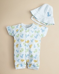 This delightful dino-print shortall and hat set bring a droll sense of style and comfort to your cuddly baby boy. This delightful dino-print shortall and hat set bring a droll sense of style and comfort to your cuddly baby boy.