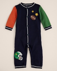 Kitestrings by Hartstrings' cuddly romper is rendered in soft knit cotton, with sports-related appliques and stripe trim. Kitestrings by Hartstrings' cuddly romper is rendered in soft knit cotton, with sports-related appliques and stripe trim.