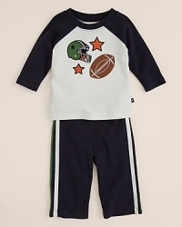 A lovely gift for the aspiring athlete, this gridiron-inspired set features a cute raglan top with football prints and a matching stripe pant. A lovely gift for the aspiring athlete, this gridiron-inspired set features a cute raglan top with football prints and a matching stripe pant.