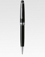 Ballpoint with twist mechanism at tip, with barrel and cap made of precious resin and floating logo emblem.BallpointPlatinum-plated clipResin with inlaid logo emblemAbout 5½ longMade in Germany