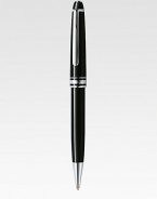 Ballpoint with twist mechanism at tip, with barrel and cap made of precious resin and floating logo emblem.BallpointPlatinum-plated clipResin with inlaid logo emblemAbout 5½ longMade in Germany