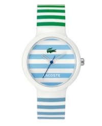 Refined sports watch with a burst of lively color. Unisex Goa watch by Lacoste crafted of blue and green stripe silicone strap and round white plastic case. Blue stripe dial features iconic crocodile logo, cutout hour and minute hands and blue second hand. Quartz movement. Water resistant to 30 meters. Two-year limited warranty. Refined sports watch with a burst of lively color. Unisex Goa watch by Lacoste crafted of blue and green stripe silicone strap and round white plastic case. Blue stripe dial features iconic crocodile logo, cutout hour and minute hands and blue second hand. Quartz movement. Water resistant to 30 meters. Two-year limited warranty.