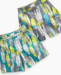 Hang ten dude! Get him ready to dip his toes in the water in style when he's sporting these patterned swim trunks from iXtreme. Hang ten dude! Get him ready to dip his toes in the water in style when he's sporting these patterned swim trunks from iXtreme.