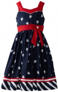 Jayne Copeland Girls 7-16 Sailboat Print Dress With Stripes, Navy, 7 Jayne Copeland Girls 7-16 Sailboat Print Dress With Stripes, Navy, 7