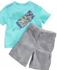 Paint the town! He'll be ready to go anywhere in this preppy tee shirt and plaid short set from Kenneth Cole. Paint the town! He'll be ready to go anywhere in this preppy tee shirt and plaid short set from Kenneth Cole.