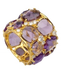 Cover your digits with a couture-inspired style from CRISLU! Crafted in 18k gold over sterling silver, this glam cocktail ring boasts 40 carats worth of cubic zirconia in candy-colored lavender. Sizes 7 and 8. Cover your digits with a couture-inspired style from CRISLU! Crafted in 18k gold over sterling silver, this glam cocktail ring boasts 40 carats worth of cubic zirconia in candy-colored lavender. Sizes 7 and 8.