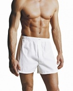Calvin Klein Woven Traditional Boxer. Woven cotton boxer with self covered waistband. Traditional fitting 3 panel style boxer with no back seam.