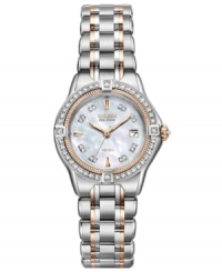 This Quattro collection watch from Citizen shines with classic details, like diamond accents and rose-gold hues. Powered by Eco-Drive, harnessing natural and artificial light, never needing a battery. This Quattro collection watch from Citizen shines with classic details, like diamond accents and rose-gold hues. Powered by Eco-Drive, harnessing natural and artificial light, never needing a battery.