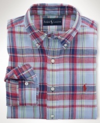 Cut for a relaxed, classic fit, a sophisticated long-sleeved shirt is crafted in soft, breathable linen with a preppy plaid pattern for timeless appeal. Cut for a relaxed, classic fit, a sophisticated long-sleeved shirt is crafted in soft, breathable linen with a preppy plaid pattern for timeless appeal.