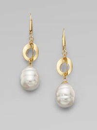 This unique and chic design with a baroque pearl and a three dimensional 18k gold oval link is simply stunning.12mm baroque white organic man-made pearls18k goldplated sterling silverDrop, about 2Lever hook backImported This unique and chic design with a baroque pearl and a three dimensional 18k gold oval link is simply stunning.12mm baroque white organic man-made pearls18k goldplated sterling silverDrop, about 2Lever hook backImported