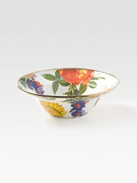Begin every morning with this garden-fresh design, hand-glazed and -decorated with bright florals on the top and bottom. Bronzed stainless steel rim Enameled steel 10-ounce capacity 2½H X 7½ diam. Dishwasher safe Imported Begin every morning with this garden-fresh design, hand-glazed and -decorated with bright florals on the top and bottom. Bronzed stainless steel rim Enameled steel 10-ounce capacity 2½H X 7½ diam. Dishwasher safe Imported