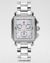From the Deco Collection. A sparkling diamond accented timepiece with technical features in sleek stainless steel. Swiss quartz movementWater resistant to 5 ATMRectangular stainless steel case, 33mm (1.3) X 35mm (1.4)Diamond encrusted bezel, .66 tcwMother-of-pearl chronograph dialBar and dot hour markersDate display at 6 o'clockSecond hand Diamond accented stainless steel link bracelet, .2 tcw, 18mm (0.7)Imported