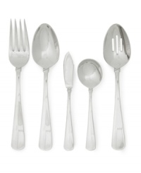 The Vows flatware line from Lauren Ralph Lauren features intertwined silver bands accenting the sleek silhouette on the handles. Includes a cold meat fork, serving spoon, butter knife, sugar spoon and pierced serving spoon. The Vows flatware line from Lauren Ralph Lauren features intertwined silver bands accenting the sleek silhouette on the handles. Includes a cold meat fork, serving spoon, butter knife, sugar spoon and pierced serving spoon.