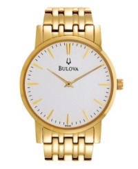 Clean lines and precise time. Classic watch by Bulova crafted of gold tone stainless steel bracelet and round case. Silver tone dial features applied gold tone stick indices, black minute track, two hands and logo. Quartz movement. Water resistant to 30 meters. Three-year limited warranty. Clean lines and precise time. Classic watch by Bulova crafted of gold tone stainless steel bracelet and round case. Silver tone dial features applied gold tone stick indices, black minute track, two hands and logo. Quartz movement. Water resistant to 30 meters. Three-year limited warranty.