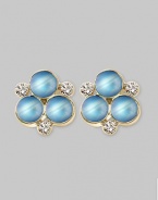 The lovely iridescence of cabochon moonstones, clustered amid diamond accents, gives these delicate earrings the feeling of being lit from within. Diamonds, 0.18 tcw Moonstone 18k yellow gold Length, about ½ Post back Made in Italy