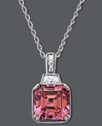 A pretty pop of color. Arabella's dazzling drop pendant features a princess-cut pink Swarovski zirconia (9-1/4 ct. t.w.) with sparkling clear cubic zirconias at the edges (3/8 ct. t.w.). Crafted in sterling silver. Approximate length: 18 inches. Approximate drop:3/4 inch. A pretty pop of color. Arabella's dazzling drop pendant features a princess-cut pink Swarovski zirconia (9-1/4 ct. t.w.) with sparkling clear cubic zirconias at the edges (3/8 ct. t.w.). Crafted in sterling silver. Approximate length: 18 inches. Approximate drop:3/4 inch.